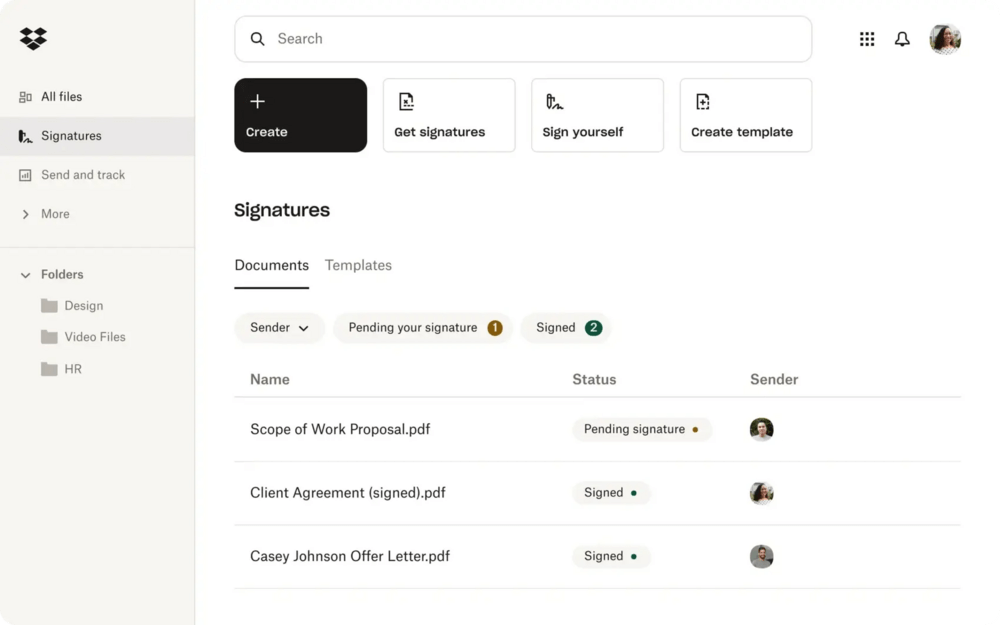 User interface for Dropbox Sign, a free nonprofit software tool