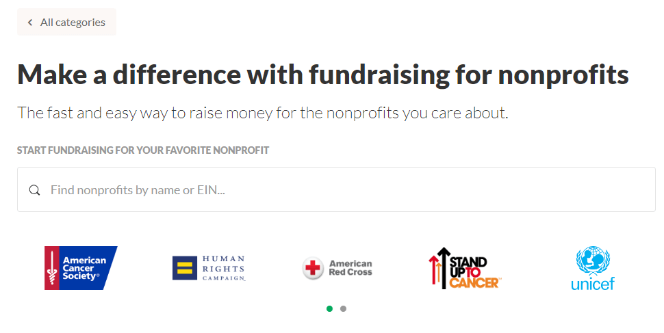 Screenshot showing GoFundMe’s nonprofit fundraising campaign search tool