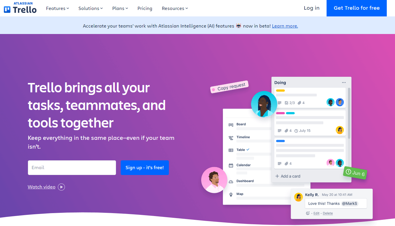 Screenshot of the Trello homepage