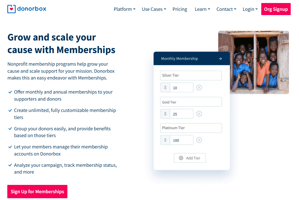 Donorbox’s membership software information page