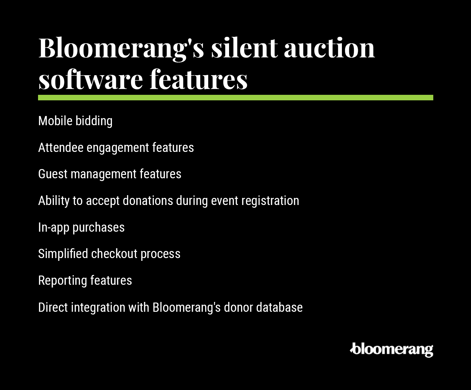 List of Bloomerang’s silent auction software features (explained in the list below)