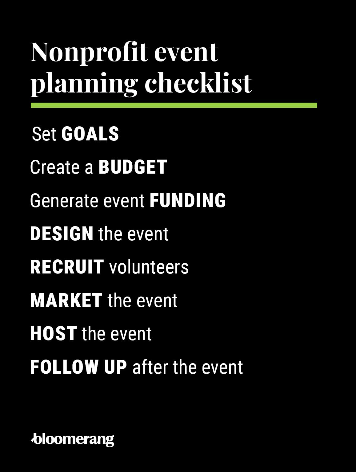Nonprofit event planning checklist (explained in the sections below) 