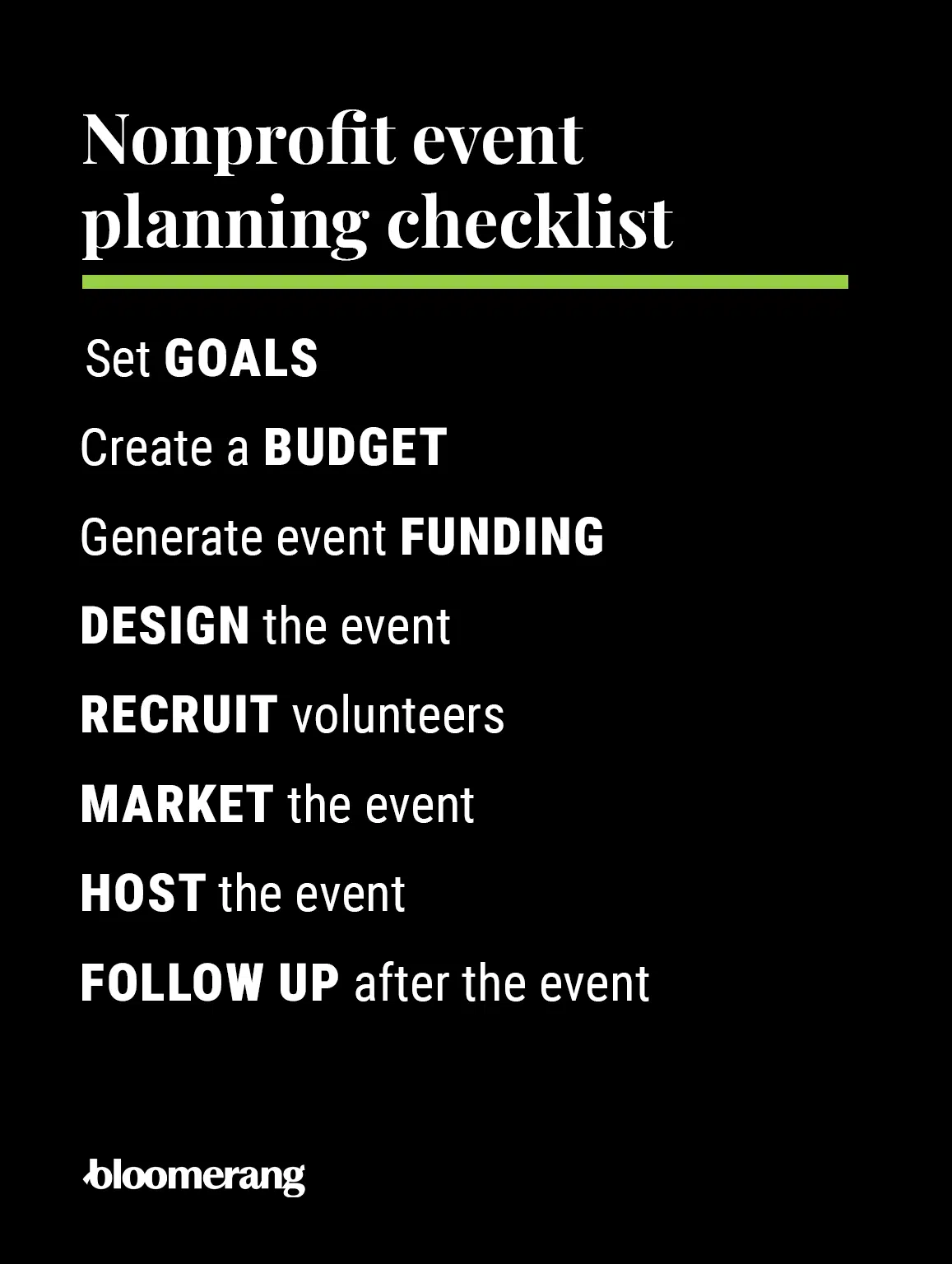 Nonprofit event planning checklist (explained in the sections below) 