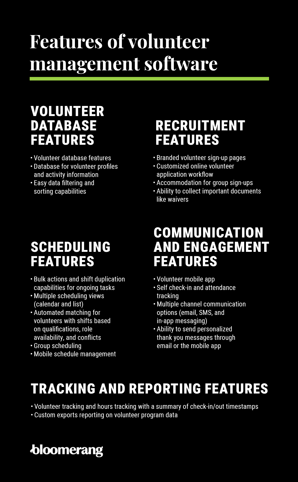 Volunteer management software features (explained in the sections below)