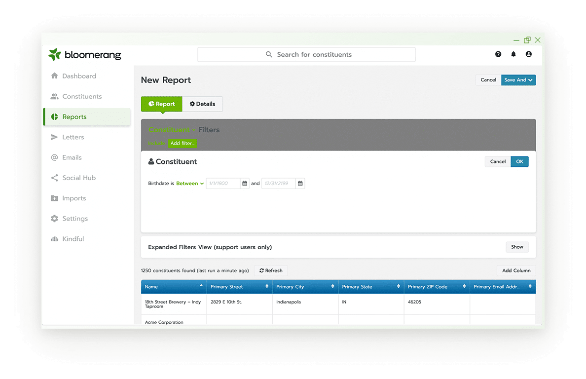 Example of the custom reporting functionality in Bloomerang's fundraising platform