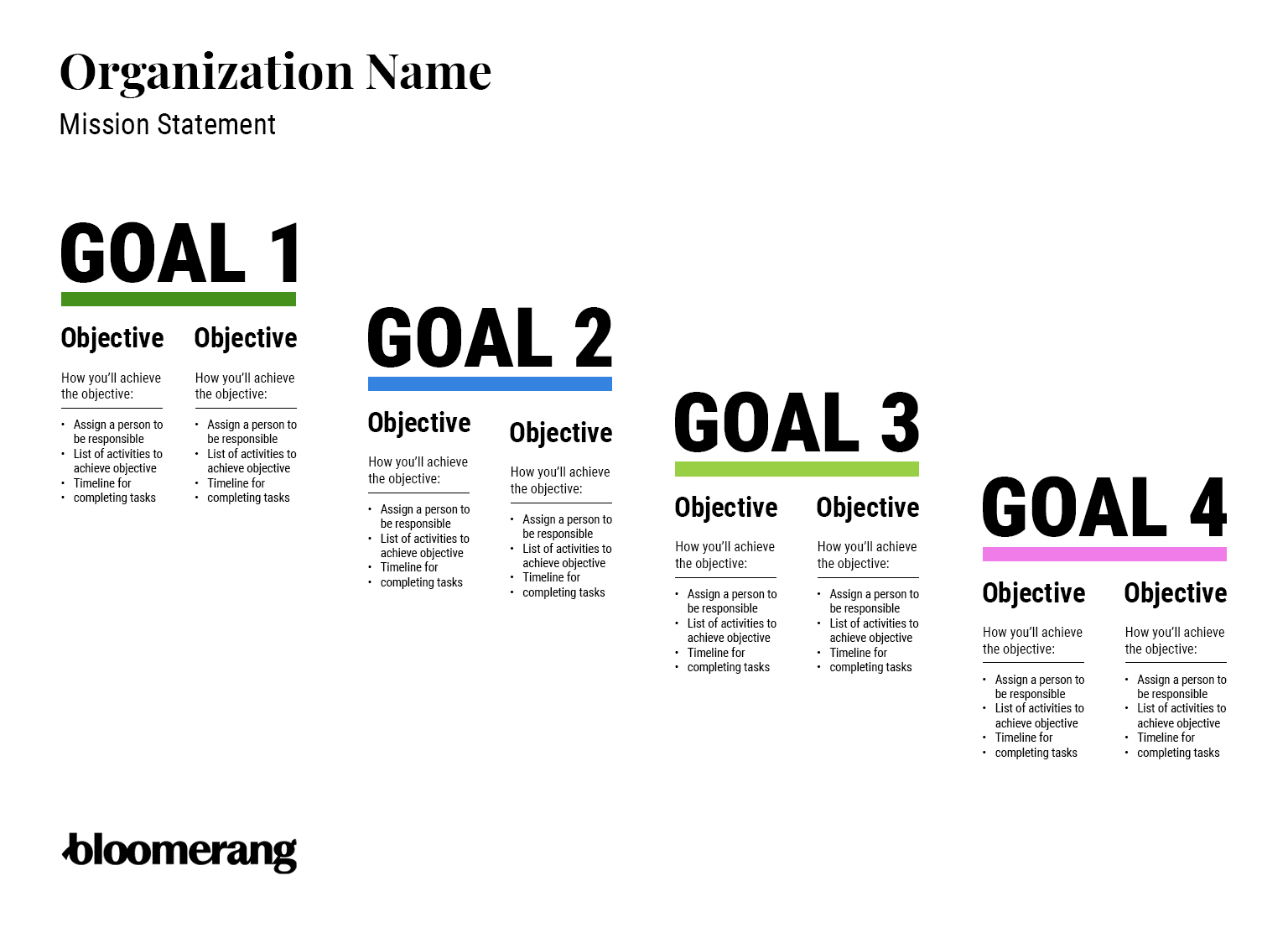 This image shows a nonprofit strategic planning template (described further in the text below).