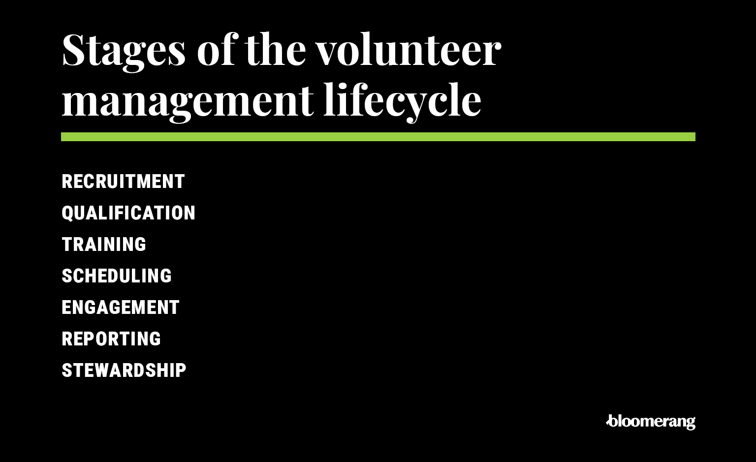 Stages of the volunteer management lifecycle (explained in the sections below) 
