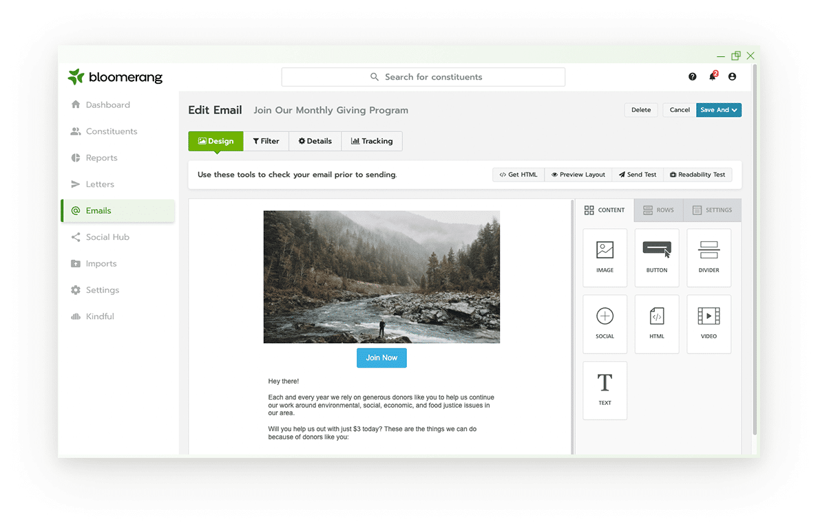 Bloomerang’s email marketing editor