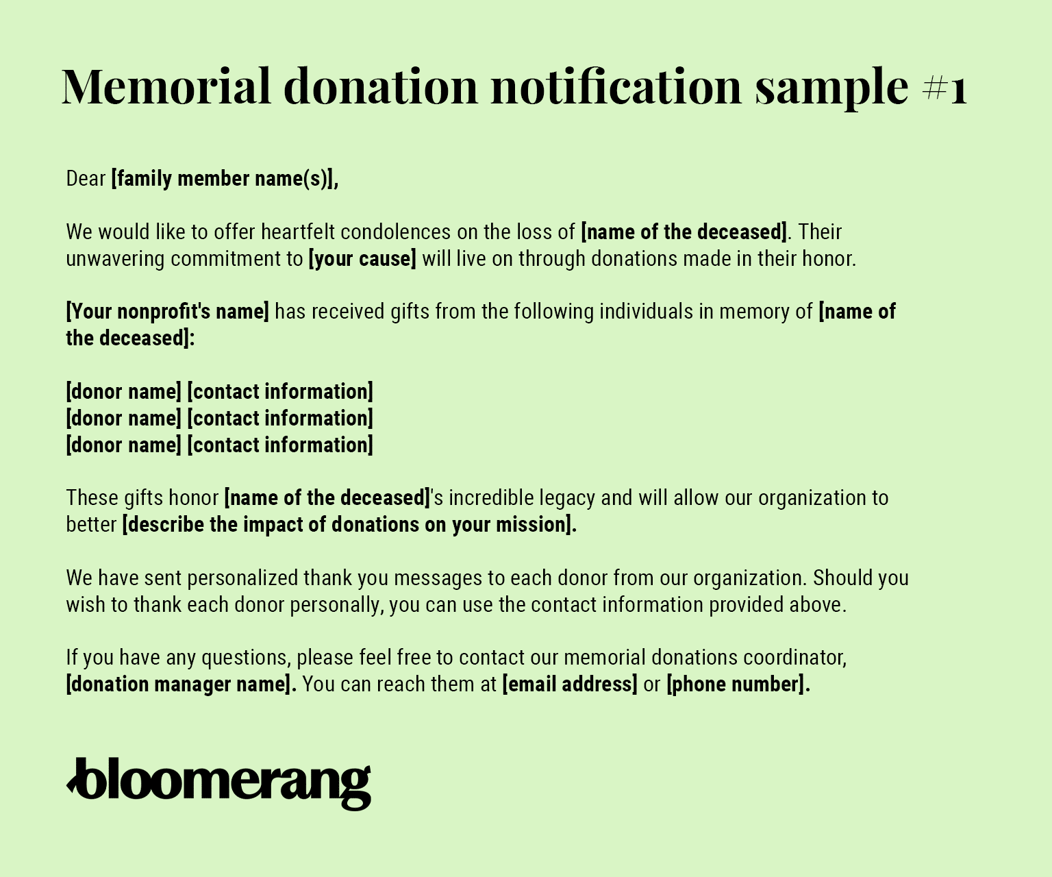 Memorial donation notification sample #1 (click image for extended alt text) 