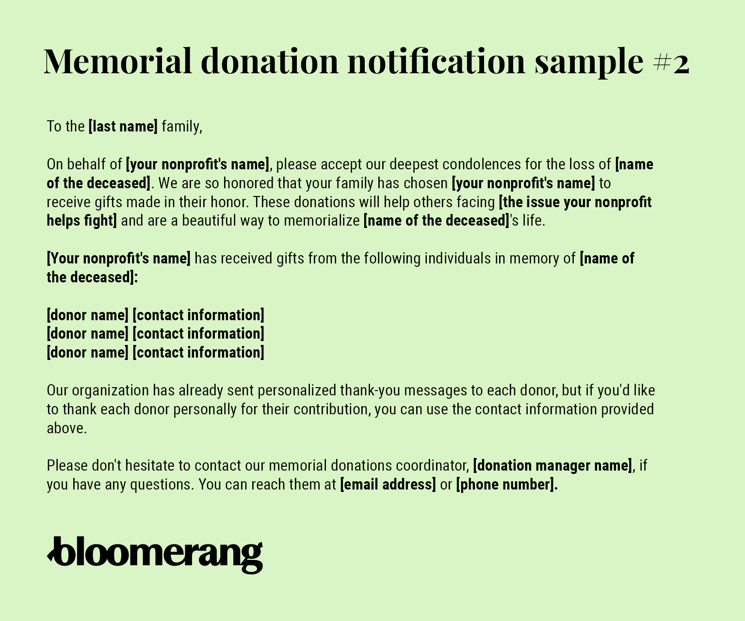 Memorial donation notification sample #2 (click image for extended alt text) 