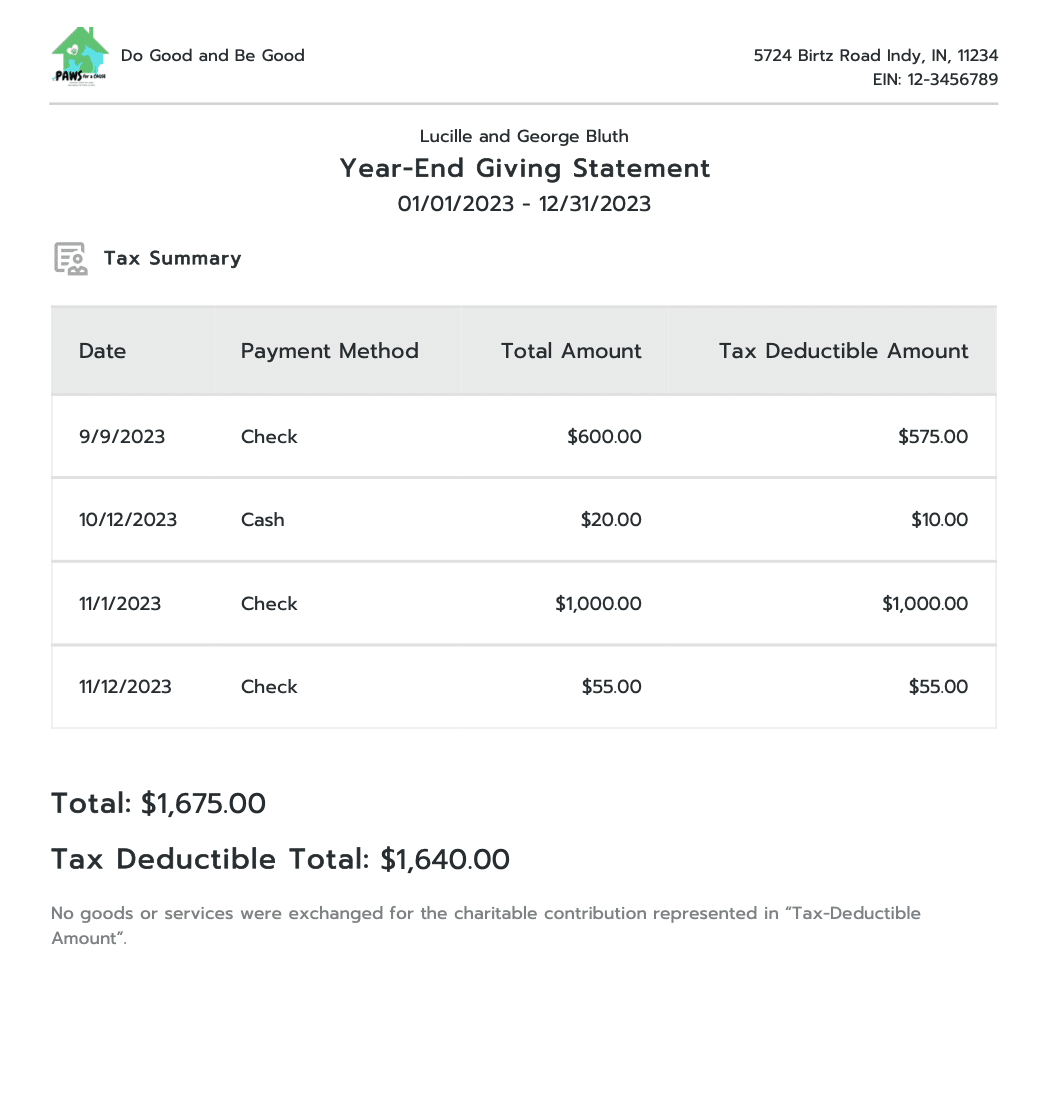 Show donors their impact with clear, professional Giving Statements. Customize Giving Statements with your organization’s logo, EIN, and branding. Consolidate financial gifts, in-kind donations, volunteer hours, and soft credits into one easy-to-understand document that acknowledges all types of support.