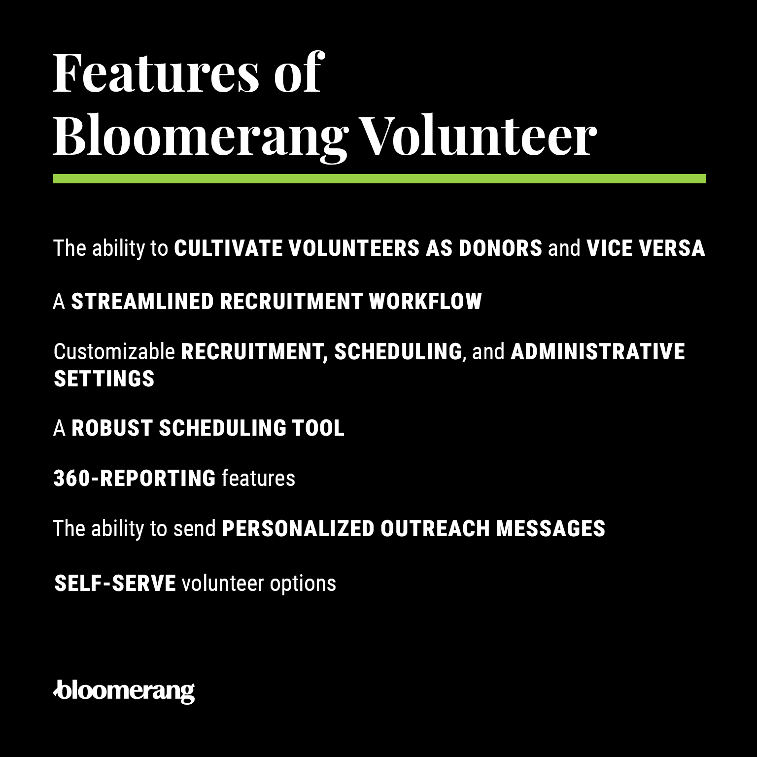 Features of Bloomerang Volunteer (listed below) 