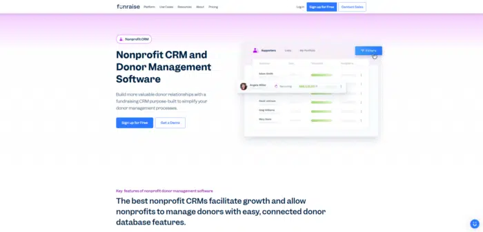 Screenshot of Funraise's homepage