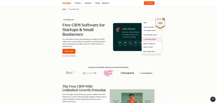 Screenshot of HubSpot's CRM page