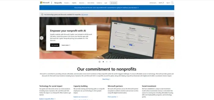 Screenshot of the Microsoft Cloud for Nonprofits information page