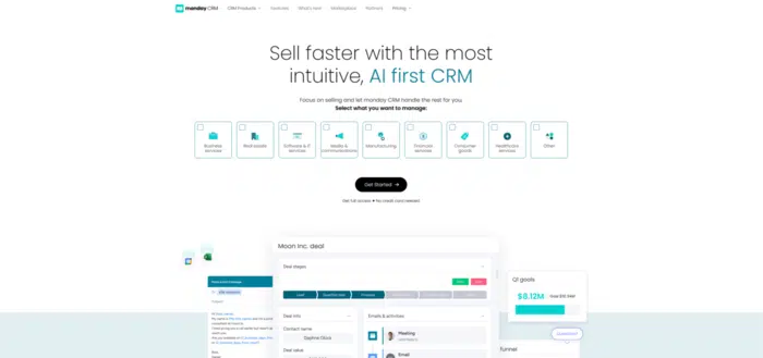Screenshot of the monday CRM information page