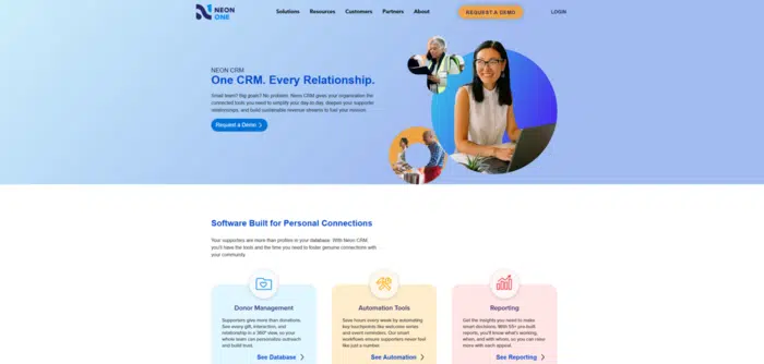 Screenshot of the Neon CRM homepage