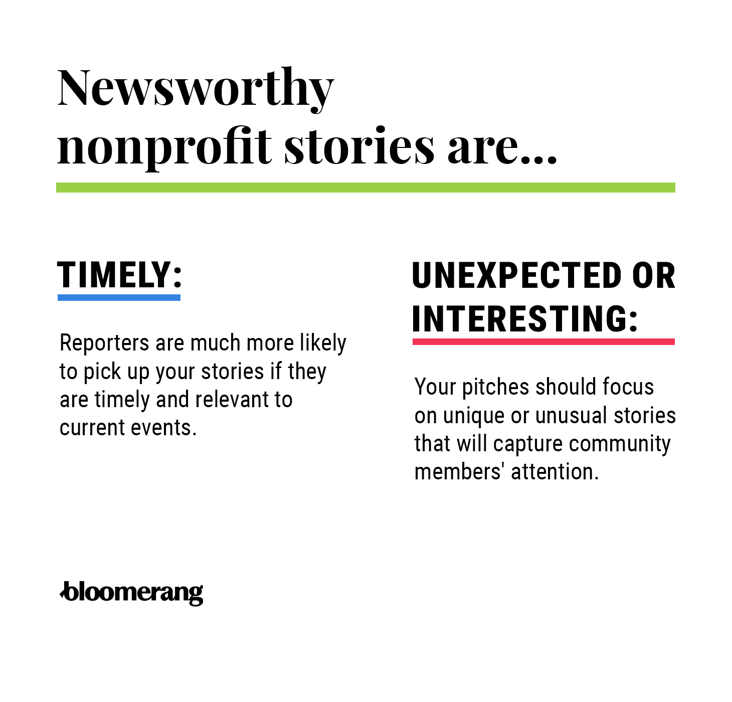 Elements that make nonprofit stories newsworthy (explained below) 