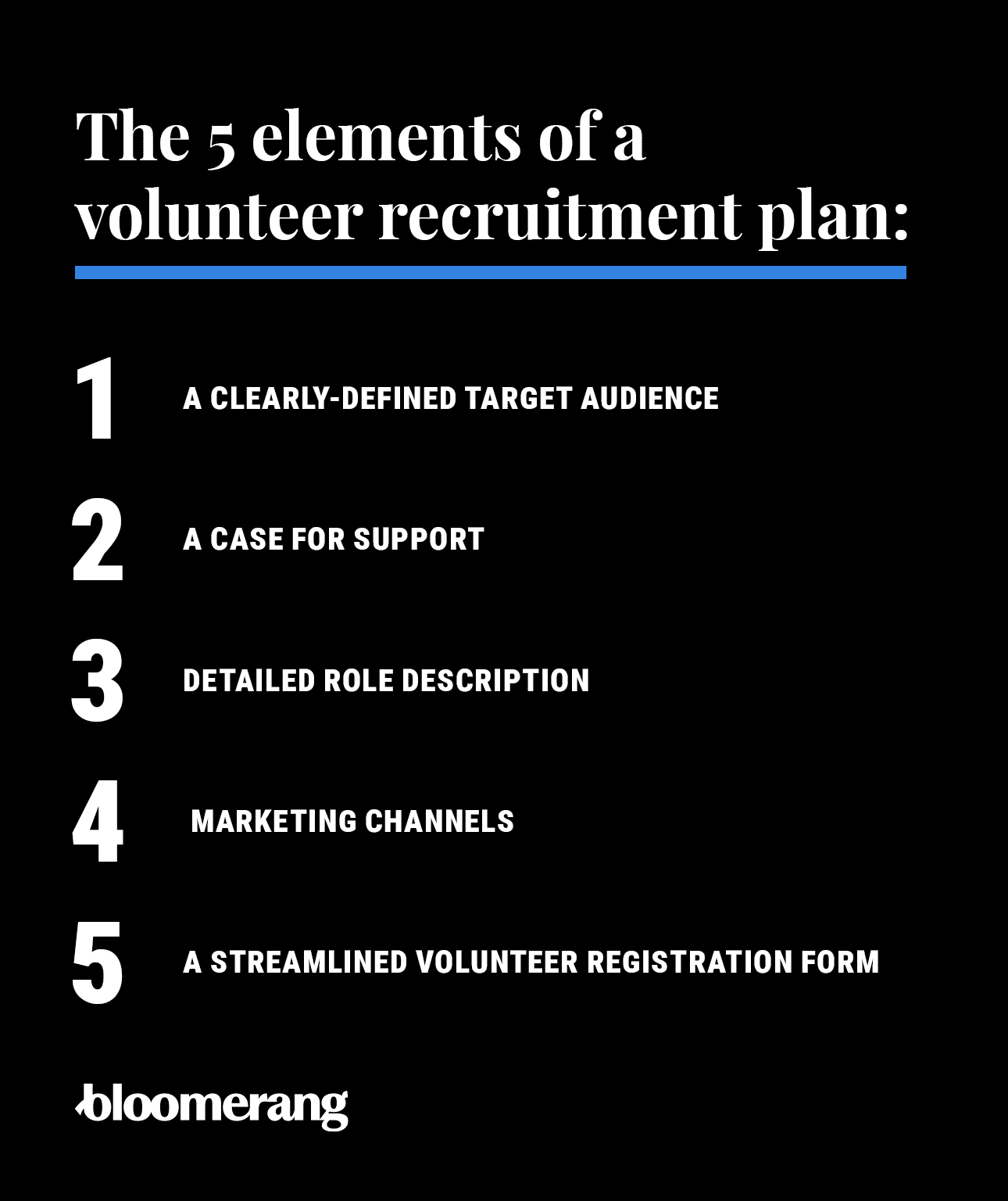 The five elements of a volunteer recruitment plan (explained in the list below) 