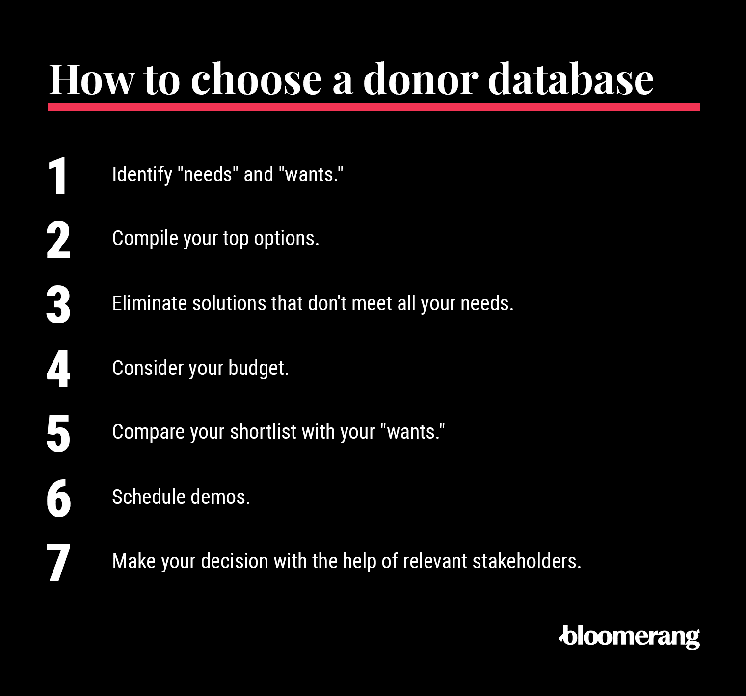 The steps you should follow to choose a donor database (explained in the list below). 
