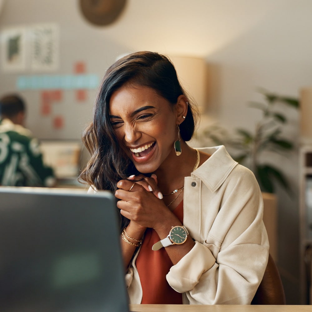 Woman, Ecommerce And Excited With Laptop For Sales Negotiation, Product Investment Or Client Growth. Indian, Person And Happiness For Business Meeting, Profit Celebration Or Logistics Target At Work