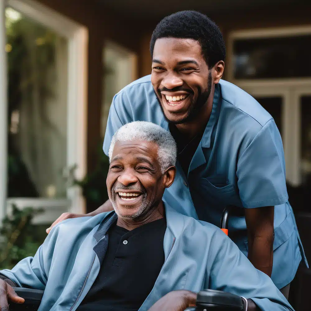 Young Male Caregiver Pushing A Senior Man In His Wheelchair In A Nursing Home Smiling And Laughing