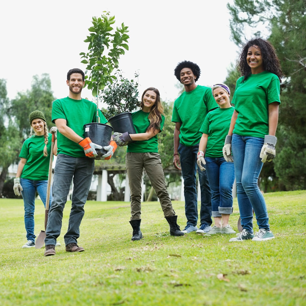 Group Of Happy Environmentalists With Potted Plants And Wheelbar
