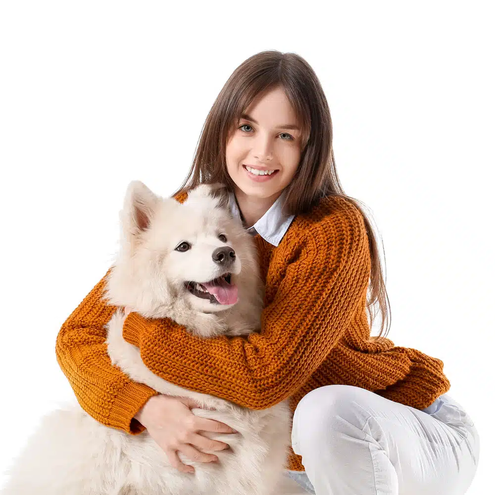 Beautiful Woman With Cute Dog On White Background