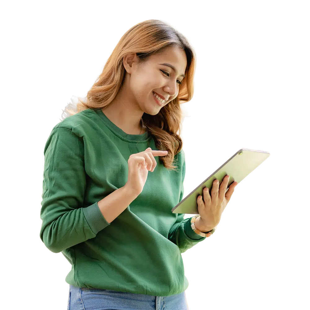 Woman In Green Sweater With Tablet