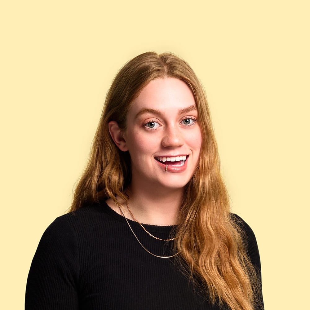 Rachael Berggren Real Customer on yellow background