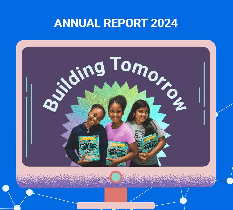 The title image for the Girls Who Code 2024 annual report, showing a group of three girls smiling while holding coding textbooks