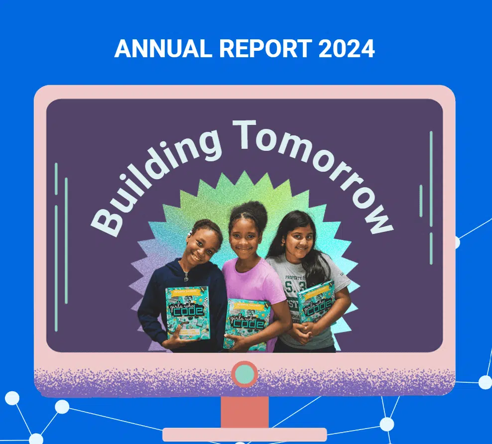 The title image for the Girls Who Code 2024 annual report, showing a group of three girls smiling while holding coding textbooks
