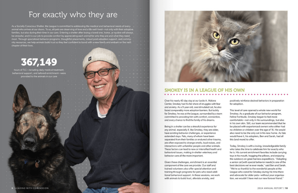 A page from the Humane Colorado annual report showing testimonials and photos of animals