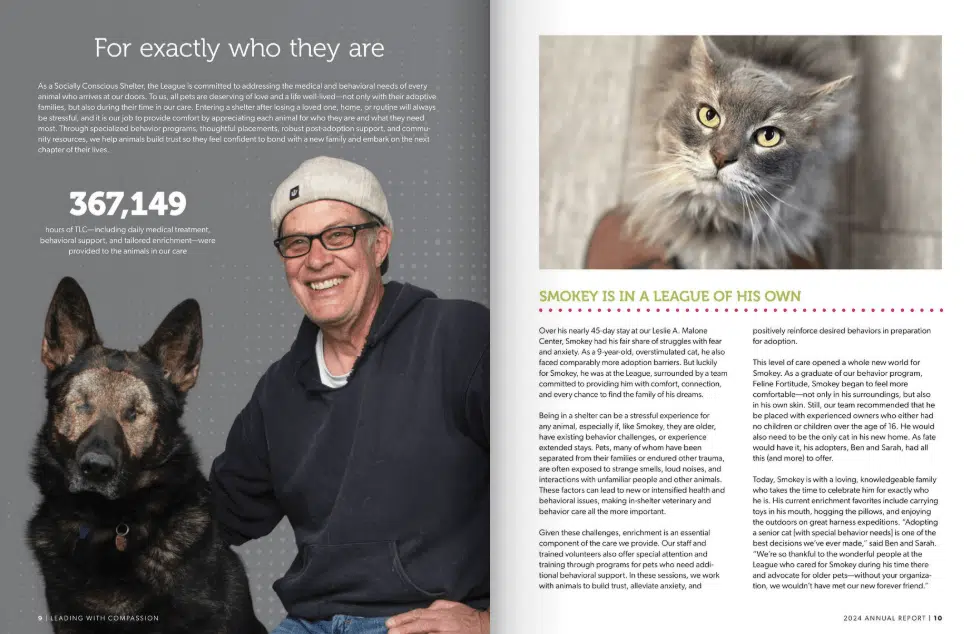 A page from the Humane Colorado annual report showing testimonials and photos of animals