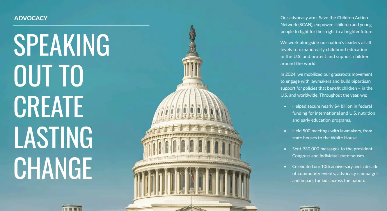 A screenshot of the Save the Children annual report showing a photo of the U.S. Capitol with text overlaid in an engaging graphic design