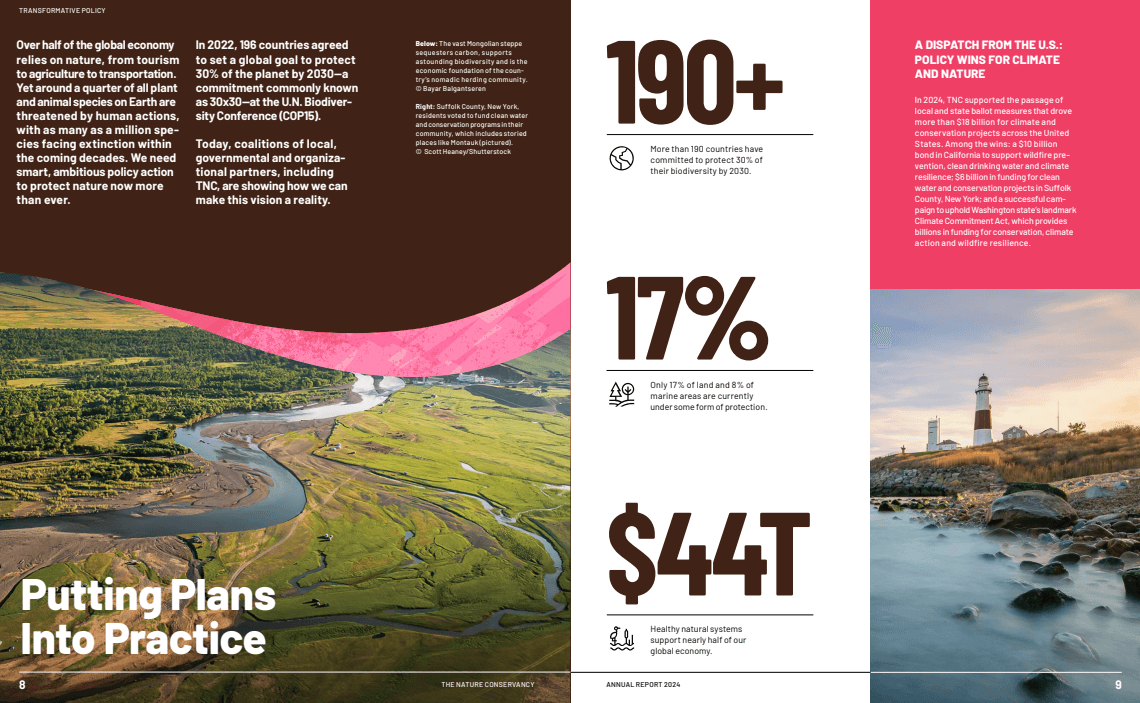 A page from The Nature Conservancy’s 2024 annual report showing impact statistics
